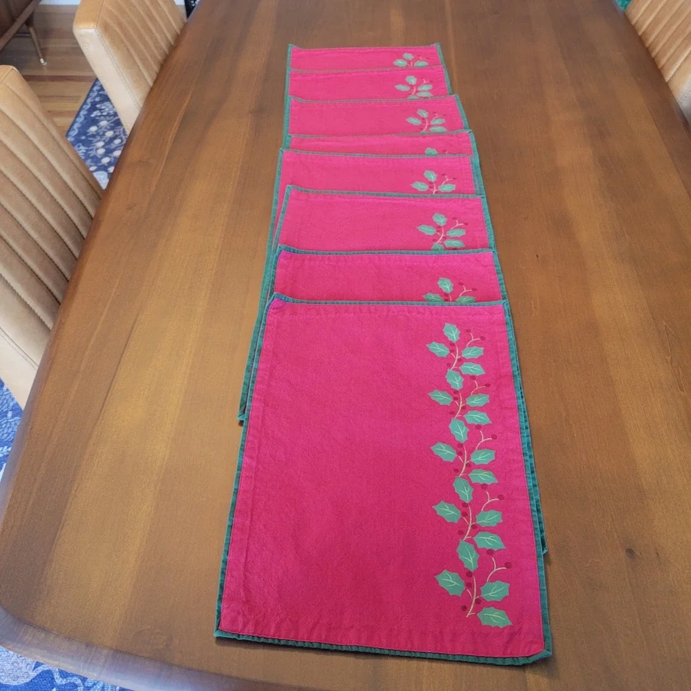 Christmas Holly Berry Red Green Reversible Cotton Placemats Set of 8 Holiday